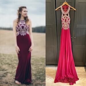Splash Prom Dress Formal Gown Red Maroon Burgundy Rhinestone Long Women’s Sz 0